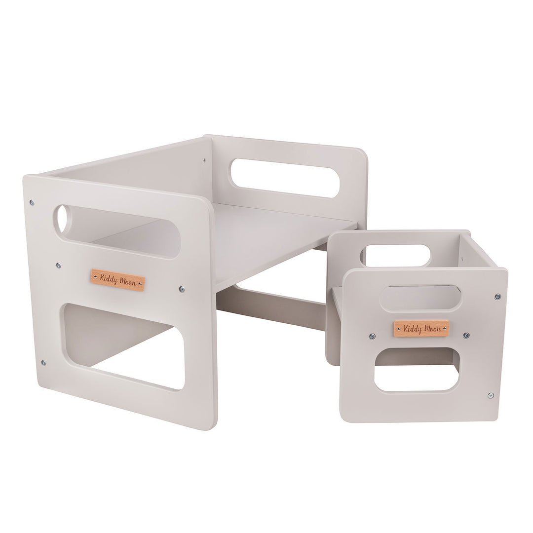 KiddMoon™ Montessori Kinder Tafelset – Houten Speeltafel met Stoel & Bank (2 jaar+) – Grijs Hardhout Multiplex