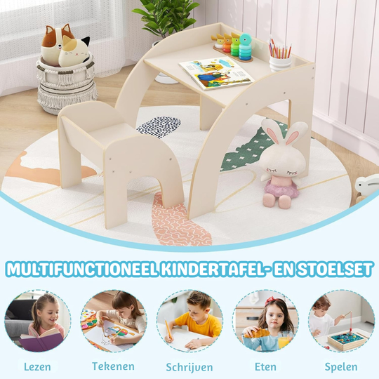 MiniCurve™ Montessori Houten Kinder Tafelset – Compacte Speeltafel met Stoel (3 jaar+)