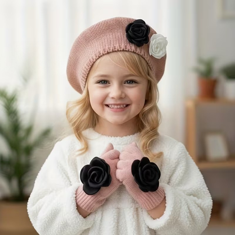 FloraWarm™ – 2-Delige Meisjes Beret & Handschoenen Set