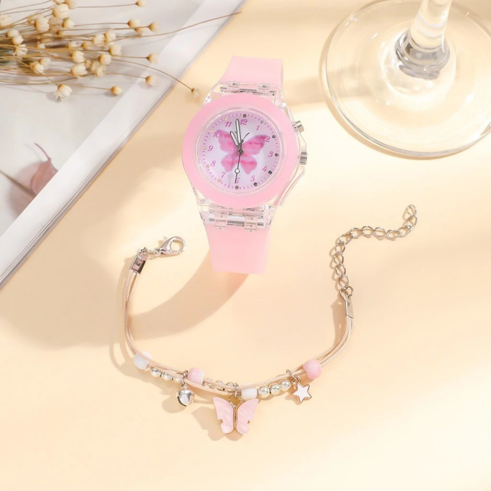 LumiFly – Meisjes Vlinder Quartz Horloge Set – LED Gloeiend Silicone Horloge met Armband