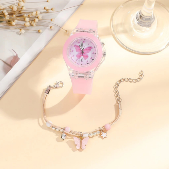 LumiFly – Meisjes Vlinder Quartz Horloge Set – LED Gloeiend Silicone Horloge met Armband