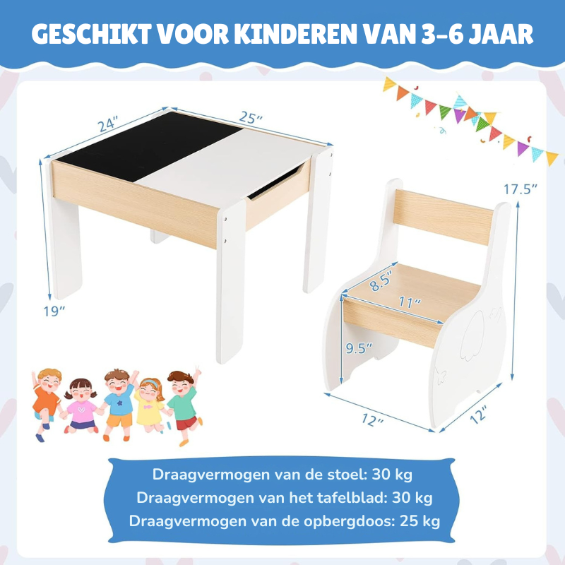 FlipTop™ Montessori Kinder Tafelset – Houten Speeltafel met 2 Stoelen & Opbergvak, Opklapbaar Tafelblad (3 jaar+) – Wit