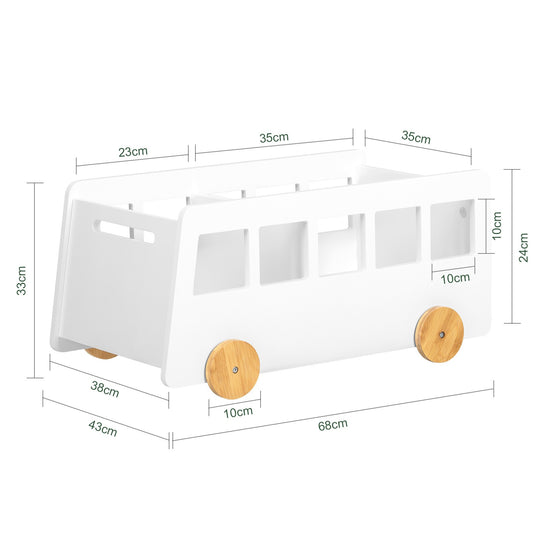 BusBook™ – Kinder Boekenkast & Speelgoedplank in Busvorm met Wielen
