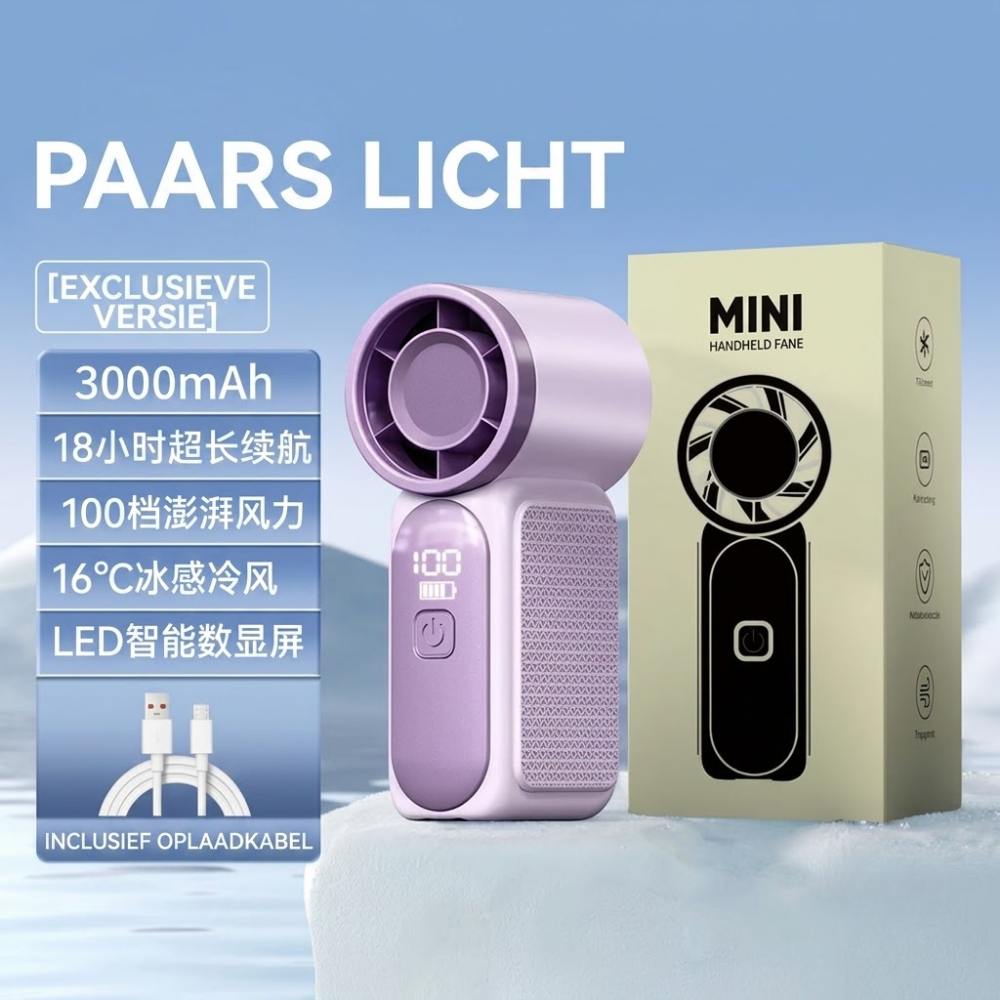 TurboBreeze – 3000mAh Mini Handventilator met Digitaal Display
