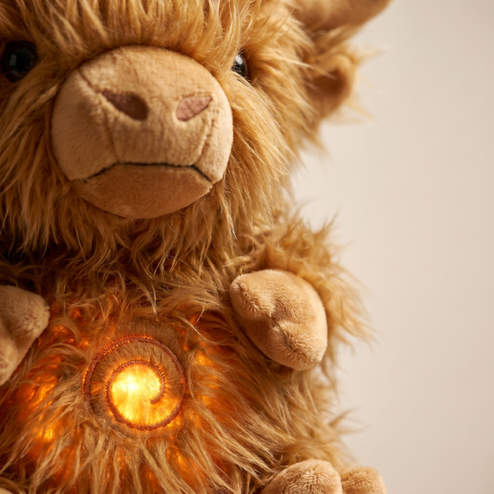 CozyCow – Ademende Highland Koe Slaapknuffel met Licht & Geluid