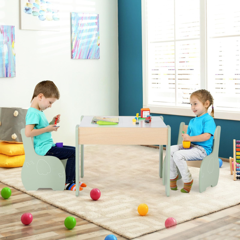 SpinTop™ Montessori Kinder Tafel set – Houten Speeltafel met 2 Stoelen & Draaibaar Verwijde baar Tafelblad