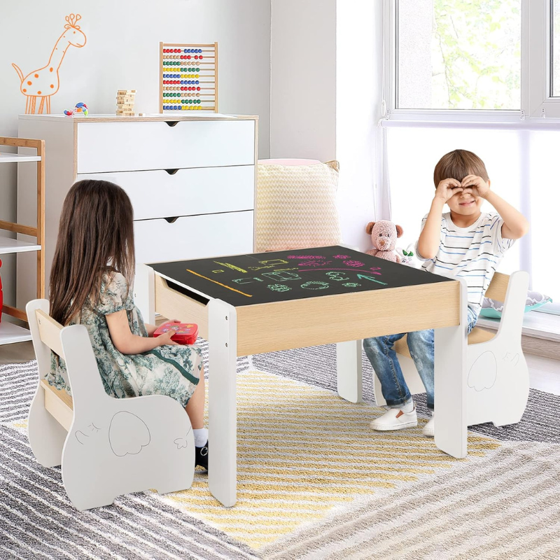 FlipTop™ Montessori Kinder Tafelset – Houten Speeltafel met 2 Stoelen & Opbergvak, Opklapbaar Tafelblad (3 jaar+) – Wit