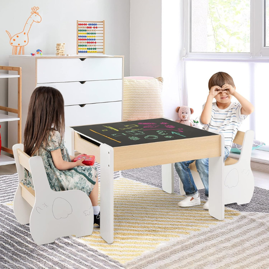 FlipTop™ Montessori Kinder Tafelset – Houten Speeltafel met 2 Stoelen & Opbergvak, Opklapbaar Tafelblad (3 jaar+) – Wit