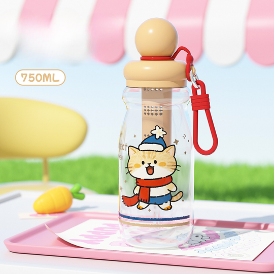CuteFlow – Cartoon Drinkfles met Filter & Draaglus (750 ml)