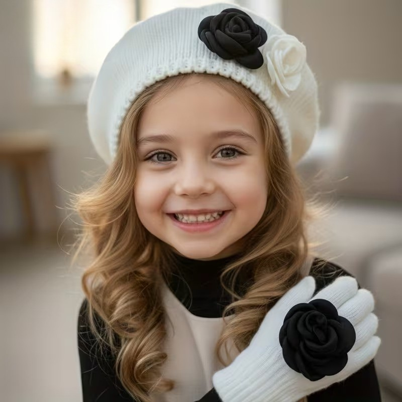 FloraWarm™ – 2-Delige Meisjes Beret & Handschoenen Set