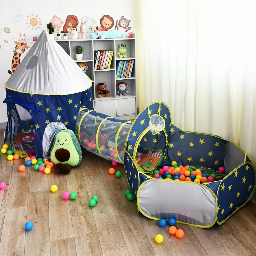 SpacePlay – Tente de jeu 3-en-1 avec tunnel et piscine à balles