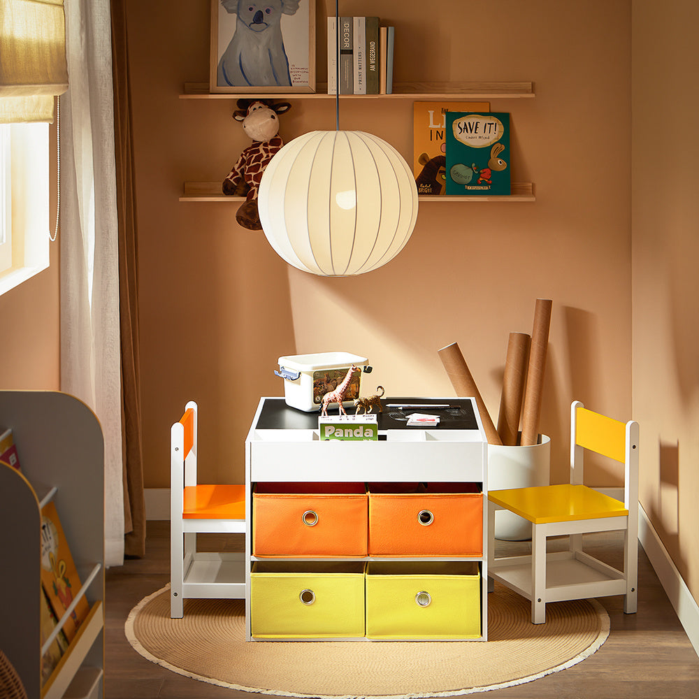 EduDraw™ Montessori Kinder Tekentafel Set – Houten Dubbelzijdige Tafel met 2 Stoelen & 4 Opbergboxen – Omkeerbaar Schoolbord Bureau