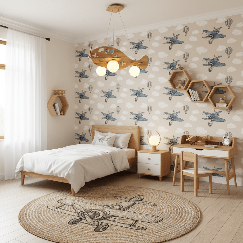 Vliegtuig hanglamp boven kinderbed sfeerbeeld
