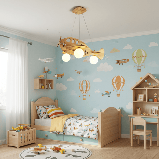 Vliegtuig kinderlamp detailweergave hout