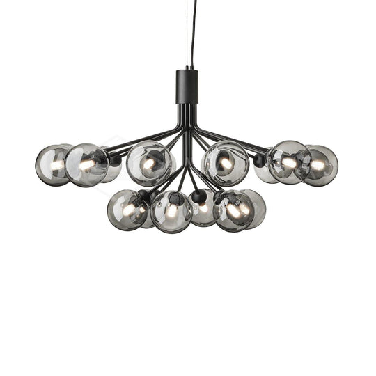 Kroonluchter 12 lampen zwart rookgrijs glas