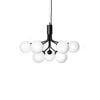 Zwarte kroonluchter met witte glazen bollen 9 lampen