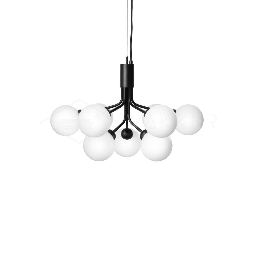 Zwarte kroonluchter met witte glazen bollen 9 lampen