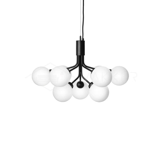 Zwarte kroonluchter met witte glazen bollen 9 lampen