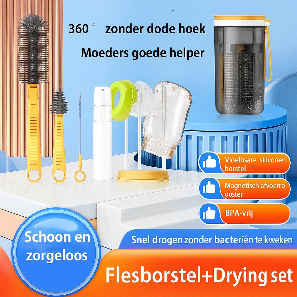 TravelBrush™ – Compacte Flessenborstelset voor Onderweg – Complete Reisset voor Babyflessen