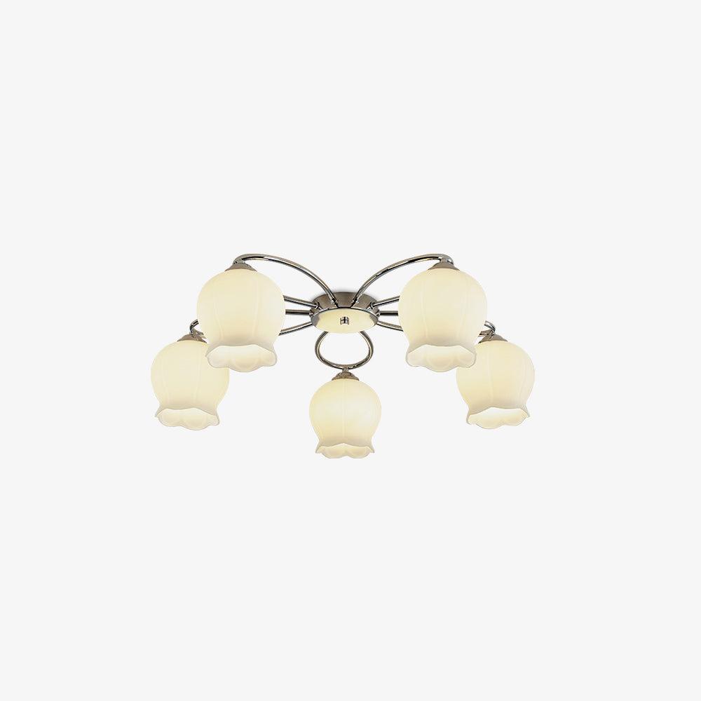 Chromen plafondlamp met witte glazen bloemen