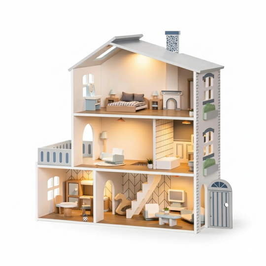 MiniWorld™ – Houten Poppenhuis met 6 Kamers Speelhuis voor Kinderen