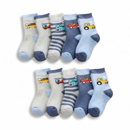CarCozy™ – 10-Pack Jongens Cartoon Auto Sokken Set – Dikke Gebreide Sokken