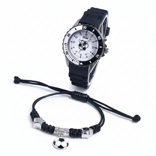 KickTime™ – Kinder Voetbalhorloge & Armband Set – LED Gloeiend Quartz