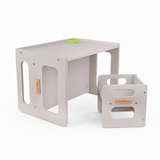 KiddMoon™ Montessori Kinder Tafelset – Houten Speeltafel met Stoel & Bank (2 jaar+) – Grijs Hardhout Multiplex