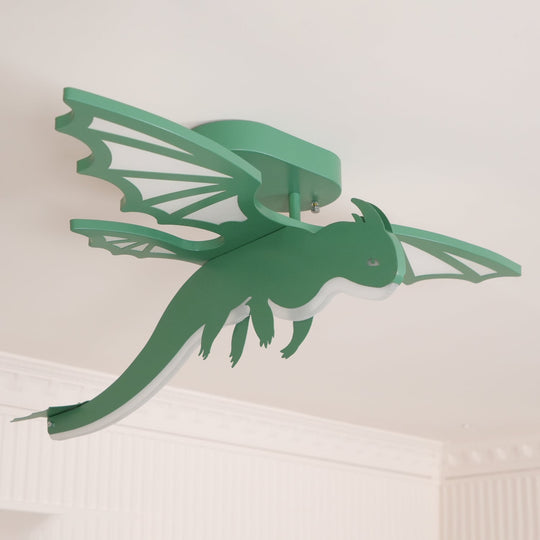 Groene dino plafondlamp brandend sfeerbeeld