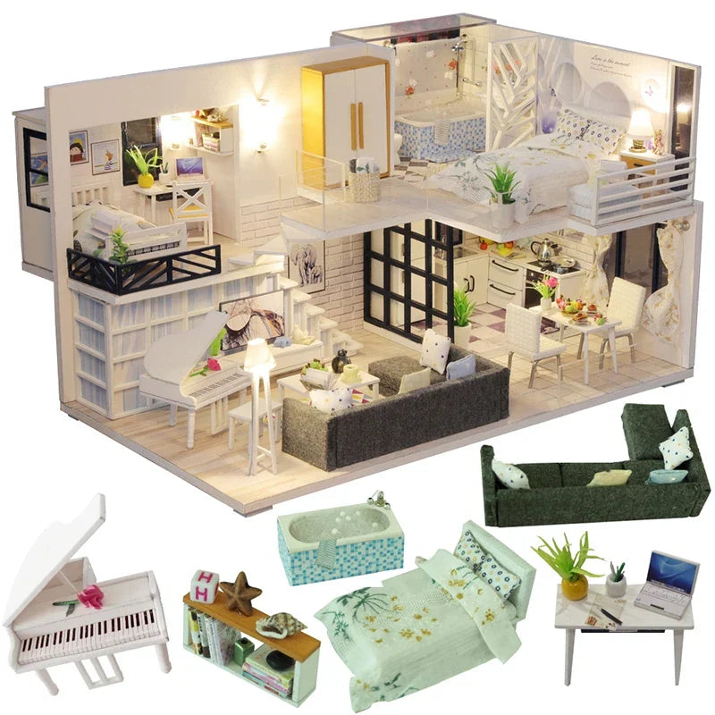 WoodCraftVilla™ – DIY Houten Poppenhuis met Meubels – Creatieve Bouwset