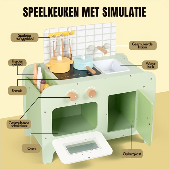Houten Speelkeuken Milo & Moon® Chef’s Corner – Grote Kinderkeuken met Accessoires – Groen – Vanaf 3 Jaar – Realistisch Kookspel