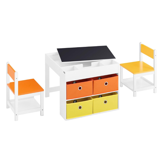 EduDraw™ Montessori Kinder Tekentafel Set – Houten Dubbelzijdige Tafel met 2 Stoelen & 4 Opbergboxen – Omkeerbaar Schoolbord Bureau