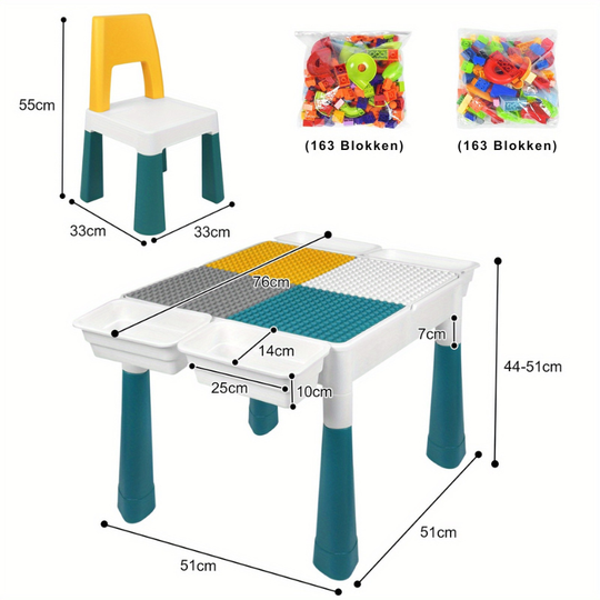 BuildPlay™ Kinder Speeltafel Set – Tafel met 2 Stoelen, Dubbelzijdig Bouwblokken Tafelblad & Opbergbak
