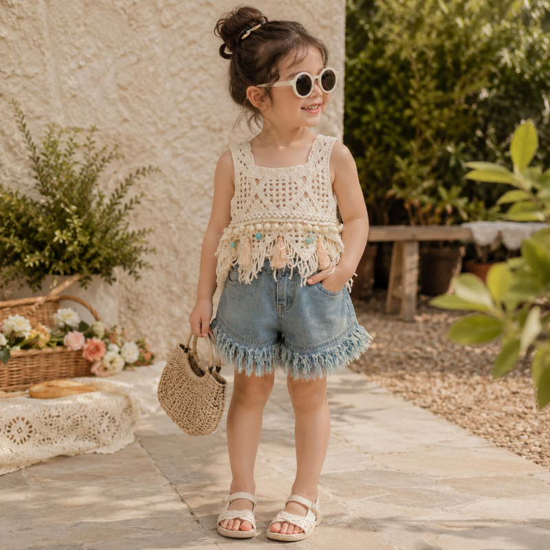 Zonnekind set met boho-top en denimshort meisjes zomerset - Milo & Moon