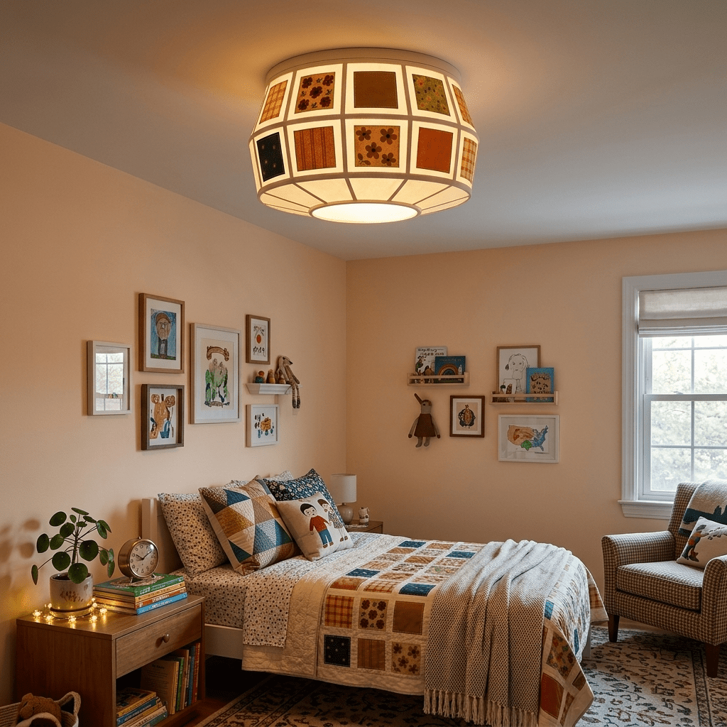 Patchwork plafondlamp stoffen kap aardetinten