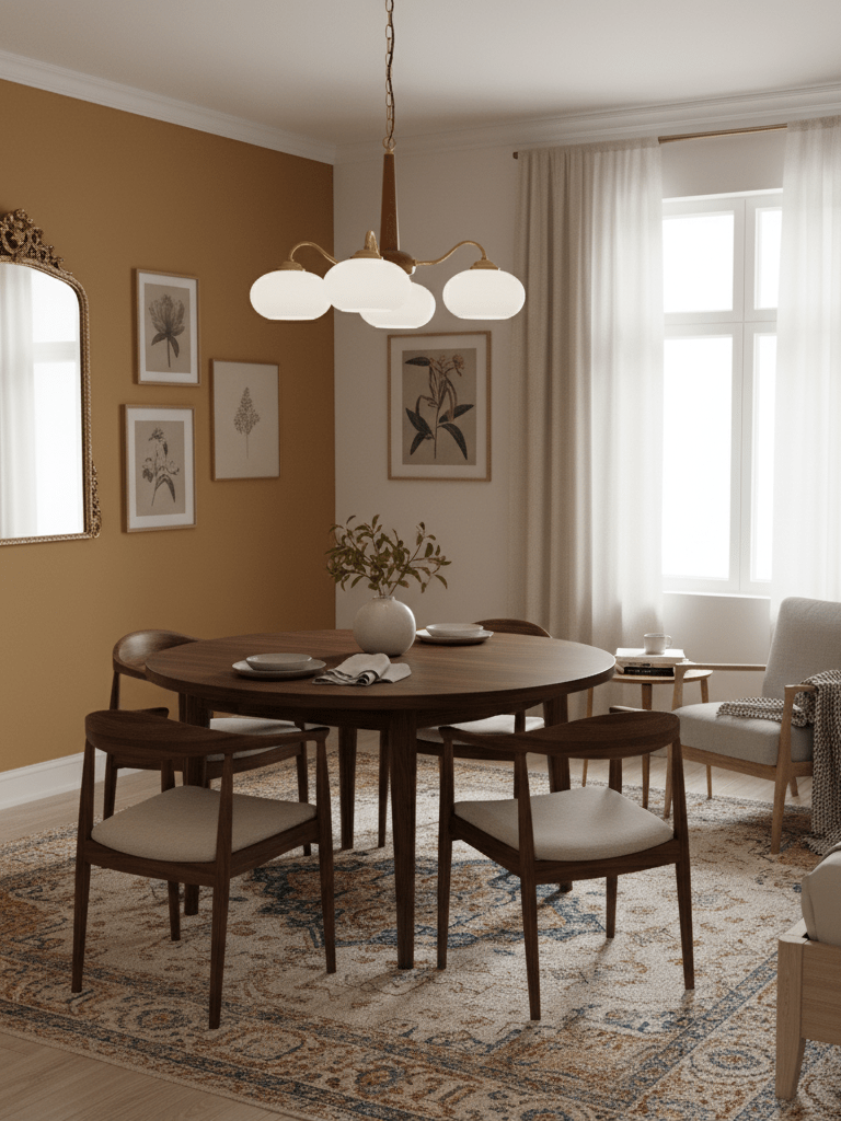 Sfeervolle hanglamp met glazen kapjes boven de eettafel