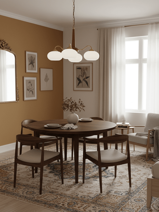 Sfeervolle hanglamp met glazen kapjes boven de eettafel