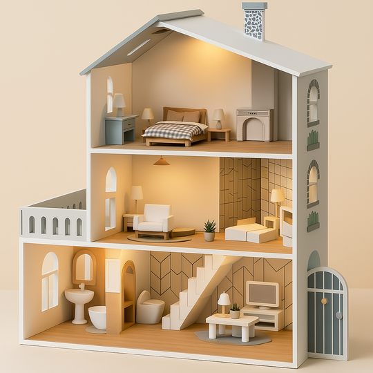 MiniWorld™ – Houten Poppenhuis met 6 Kamers Speelhuis voor Kinderen