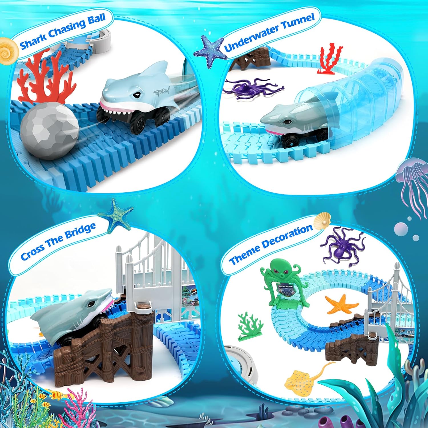 OceanRush™ -  Racebaan Speelset – Flexibele Autobaan met Brug & Haai-Auto | Educatief Oceaan Speelgoed