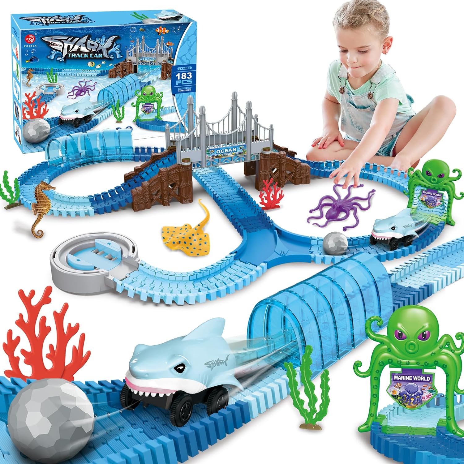 OceanRush™ -  Racebaan Speelset – Flexibele Autobaan met Brug & Haai-Auto | Educatief Oceaan Speelgoed