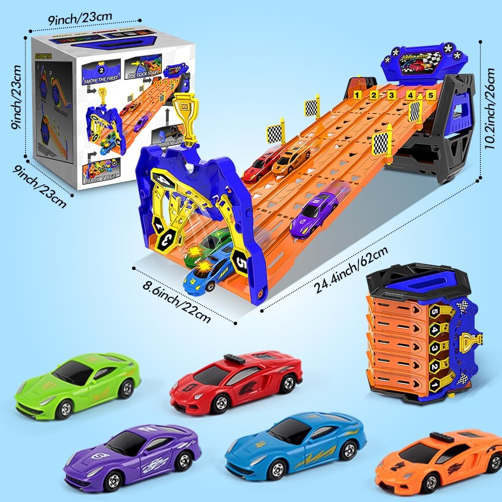 TurboTrack™ - 5-Banen Racebaan met Auto's – Transformeerbare Opbergset - Speelgoed Racebaan voor Jongeren 14+ - Racing Track Game