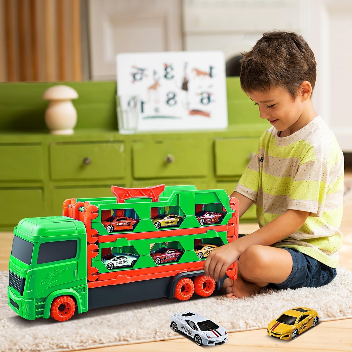 SpeedTruck™ Racewagen Truck – 2-in-1 Container Vrachtwagen met Uitschuifbare Dubbele Racebaan | Speelgoed Transportset Kinderen 3+