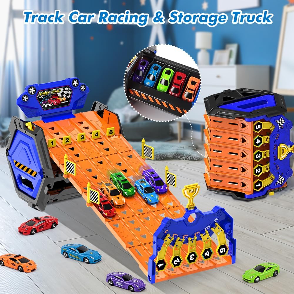 TurboTrack™ - 5-Banen Racebaan met Auto's – Transformeerbare Opbergset - Speelgoed Racebaan voor Jongeren 14+ - Racing Track Game