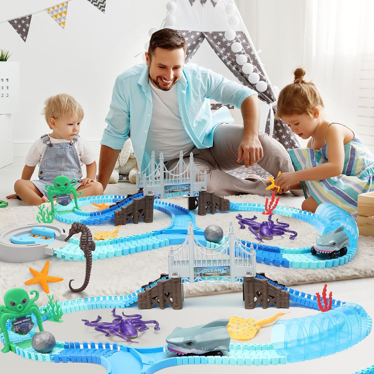 OceanRush™ -  Racebaan Speelset – Flexibele Autobaan met Brug & Haai-Auto | Educatief Oceaan Speelgoed