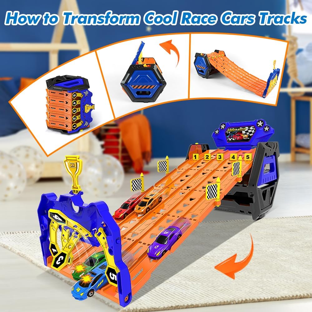 TurboTrack™ - 5-Banen Racebaan met Auto's – Transformeerbare Opbergset - Speelgoed Racebaan voor Jongeren 14+ - Racing Track Game