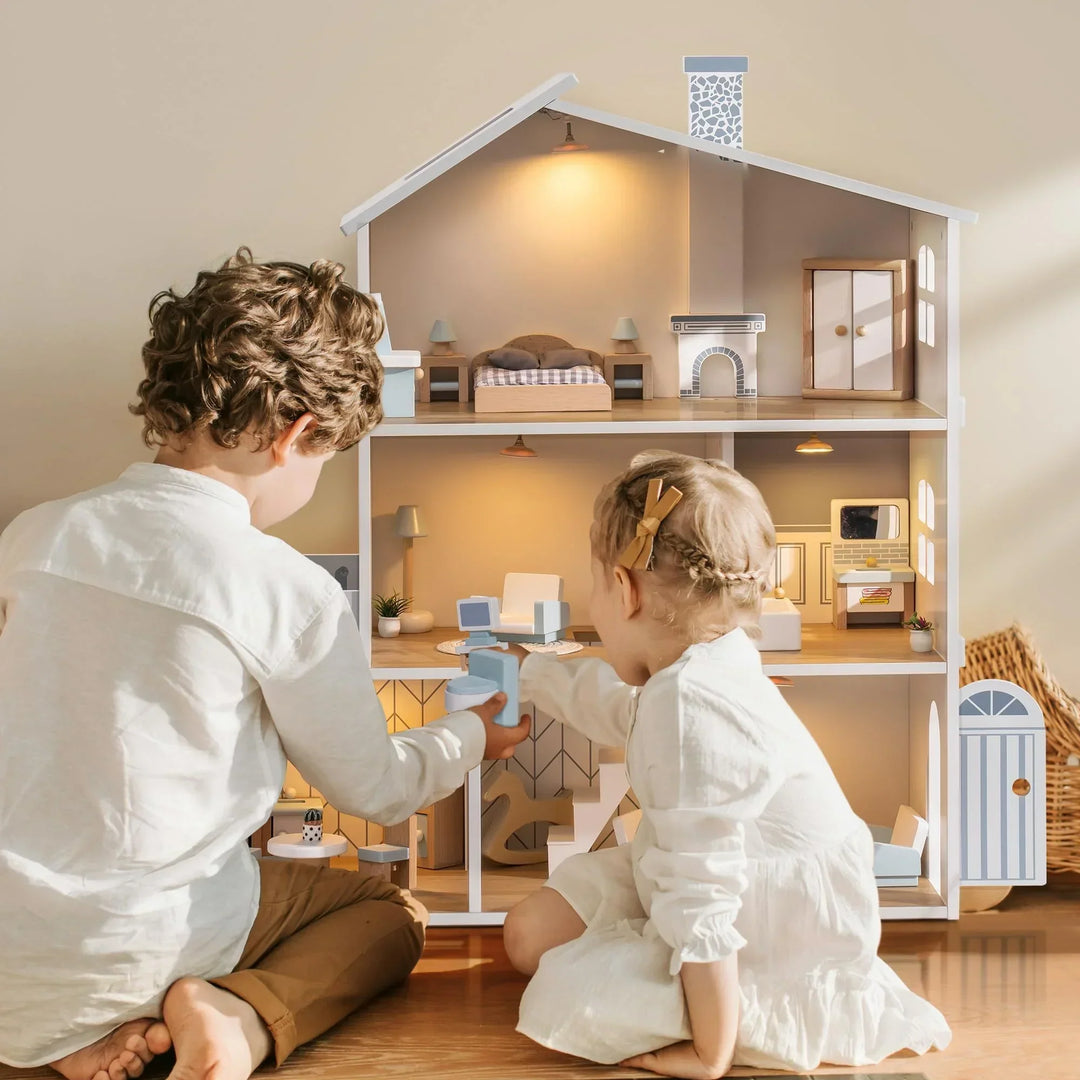 MiniWorld™ – Houten Poppenhuis met 6 Kamers Speelhuis voor Kinderen