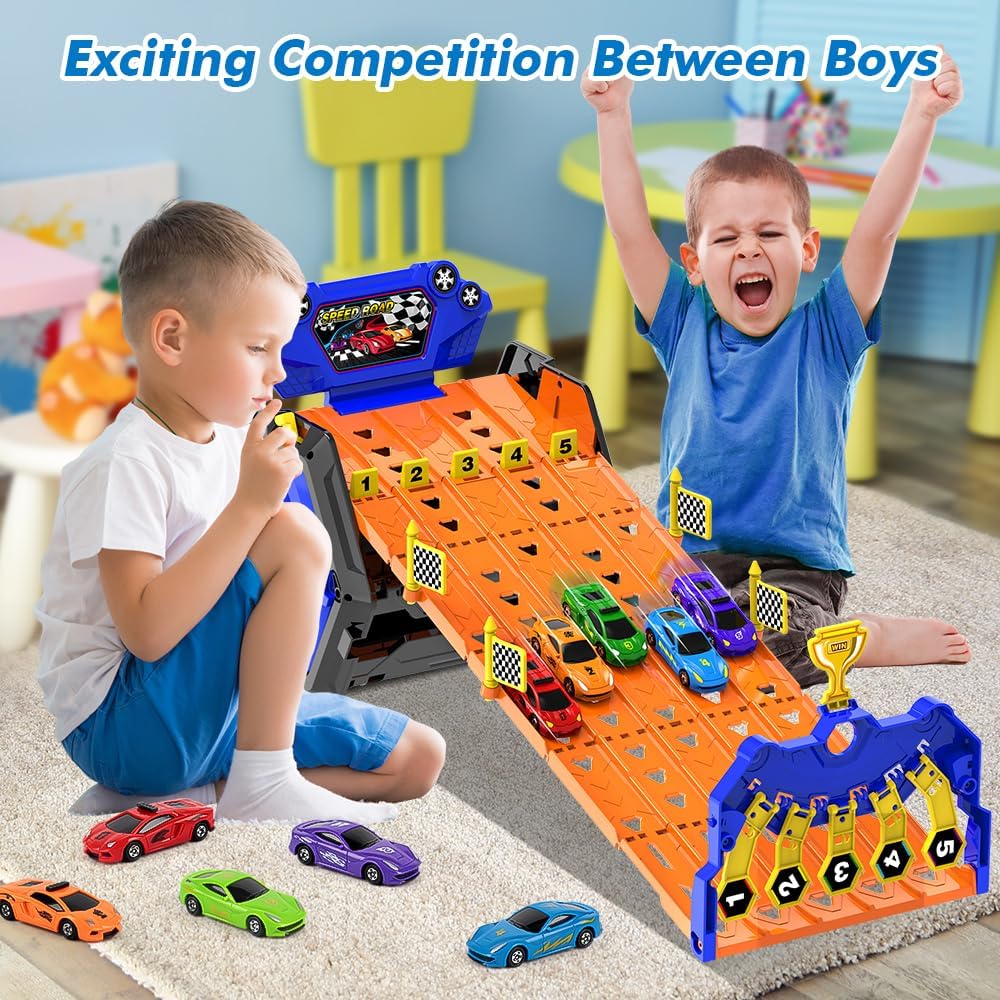 TurboTrack™ - 5-Banen Racebaan met Auto's – Transformeerbare Opbergset - Speelgoed Racebaan voor Jongeren 14+ - Racing Track Game