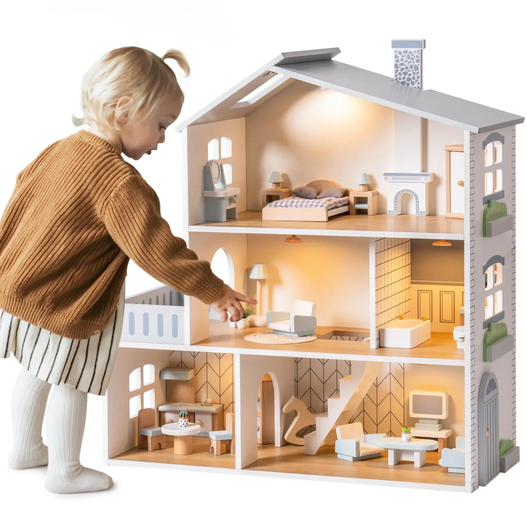MiniWorld™ – Houten Poppenhuis met 6 Kamers Speelhuis voor Kinderen