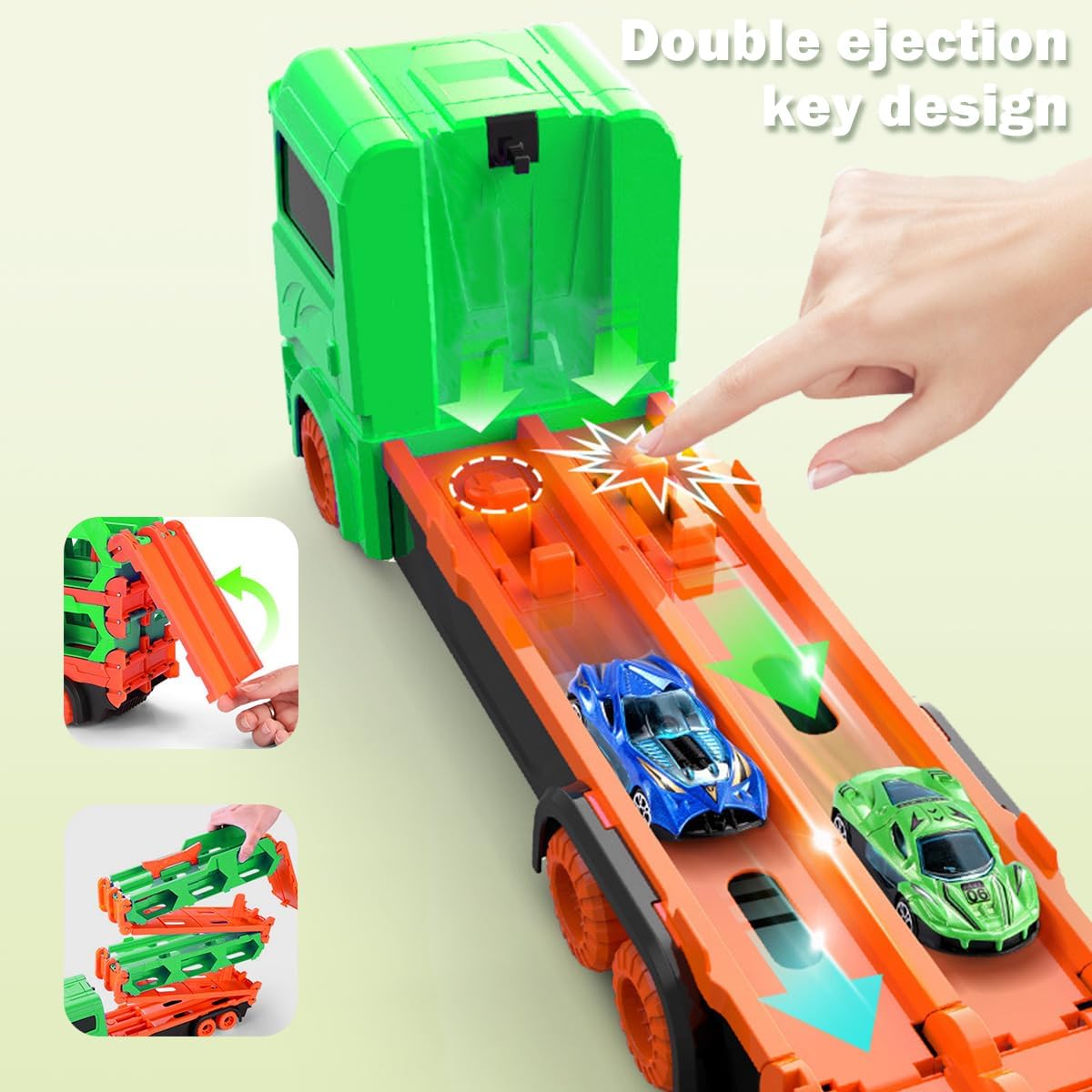 SpeedTruck™ Racewagen Truck – 2-in-1 Container Vrachtwagen met Uitschuifbare Dubbele Racebaan | Speelgoed Transportset Kinderen 3+