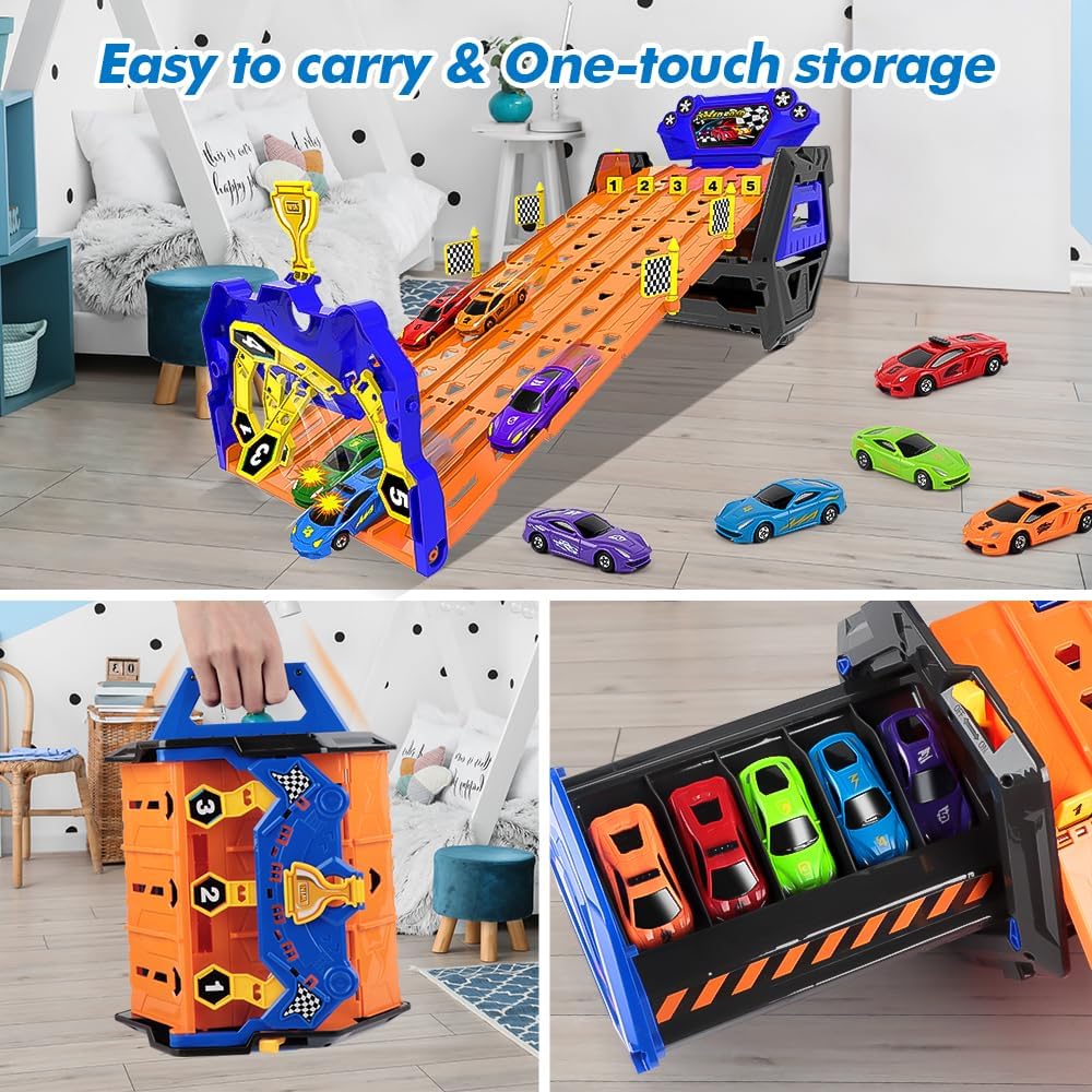 TurboTrack™ - 5-Banen Racebaan met Auto's – Transformeerbare Opbergset - Speelgoed Racebaan voor Jongeren 14+ - Racing Track Game